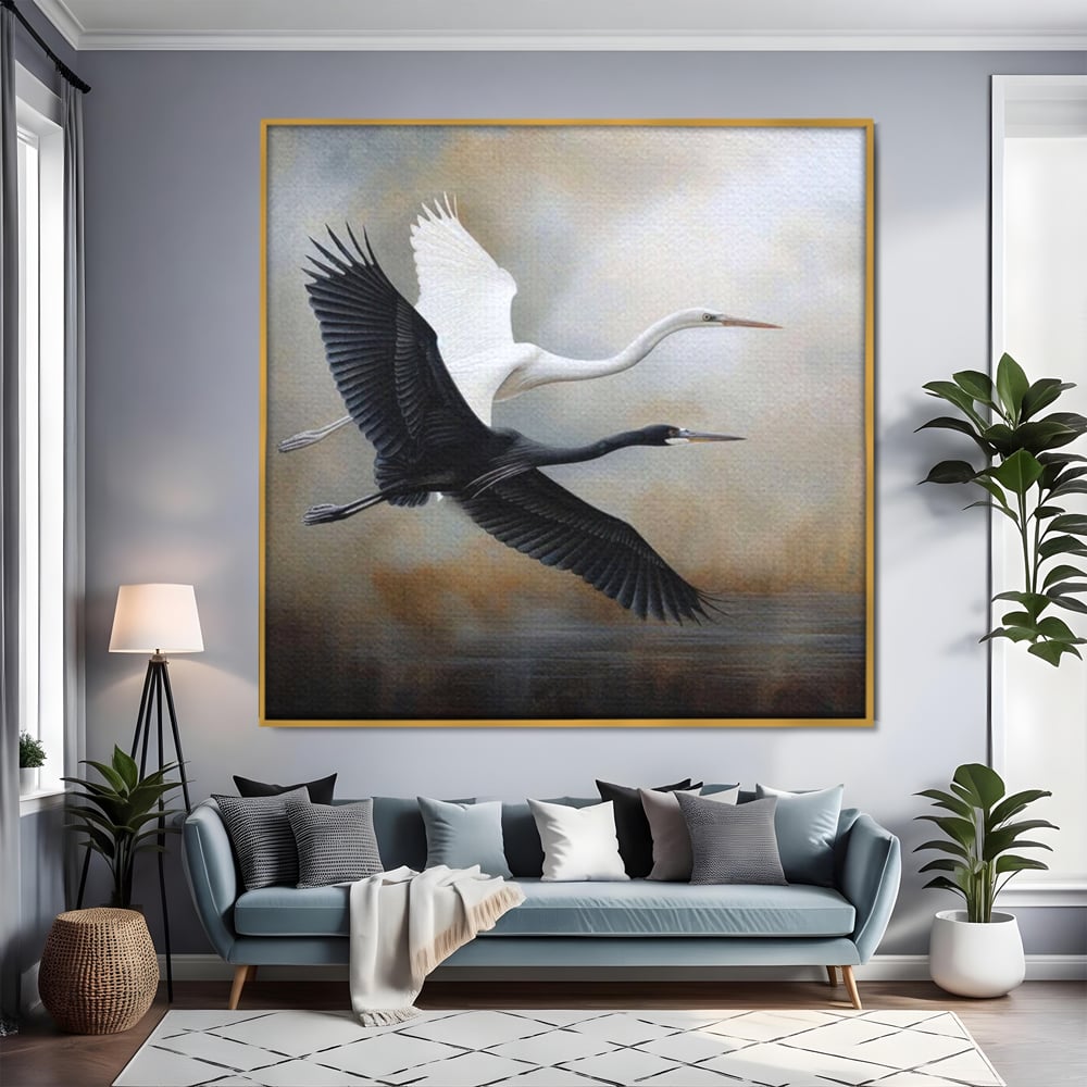 Tablou canvas cu tablou canvas cu doua pasari in zbor, in rama de aluminiu auriu, pe perete intr-un living